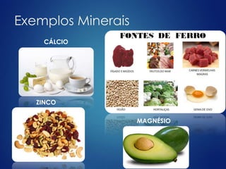 Exemplos Minerais 
CÁLCIO 
ZINCO 
MAGNÉSIO 
 