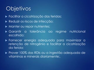 Objetivos 
 Facilitar a cicatrização das feridas; 
 Reduzir os riscos de infecção; 
 Manter ou repor nutrientes; 
 Garantir a tolerância ao regime nutricional 
escolhido; 
 Fornecer energia adequada para maximizar a 
retenção de nitrogênio e facilitar a cicatrização 
da ferida; 
 Prover 100% das RDIs ou a ingestão adequada de 
vitaminas e minerais diariamente;. 
 