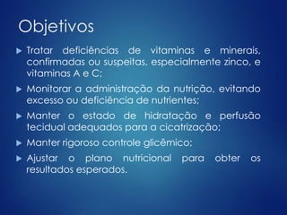 Objetivos 
 Tratar deficiências de vitaminas e minerais, 
confirmadas ou suspeitas, especialmente zinco, e 
vitaminas A e C; 
 Monitorar a administração da nutrição, evitando 
excesso ou deficiência de nutrientes; 
 Manter o estado de hidratação e perfusão 
tecidual adequados para a cicatrização; 
 Manter rigoroso controle glicêmico; 
 Ajustar o plano nutricional para obter os 
resultados esperados. 
 