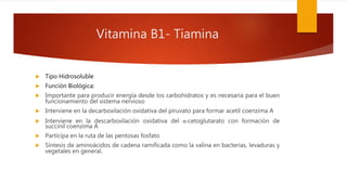 Vitamina B1- Tiamina
 Tipo Hidrosoluble
 Función Biológica:
 Importante para producir energía desde los carbohidratos y es necesaria para el buen
funcionamiento del sistema nervioso
 Interviene en la decarboxilación oxidativa del piruvato para formar acetil coenzima A
 Interviene en la descarboxilación oxidativa del α-cetoglutarato con formación de
succinil coenzima A
 Participa en la ruta de las pentosas fosfato
 Síntesis de aminoácidos de cadena ramificada como la valina en bacterias, levaduras y
vegetales en general.
 