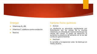 Sinergia
 Vitaminas B y B6
 Vitamina C colabora contra oxidación
 Niacina
Factores Físico químicos
 Activan
La riboflavina es absorbida rápidamente por
fosforilación por las células de la mucosa
intestinal y es utilizada de manera directa por las
células del cuerpo. El grado de absorción lo
aumenta la presencia de alimento en la luz del
conducto gastrointestinal.
 Inactivan
Es sensible a la exposición solar. Se destruye en
medio alcalino.
 