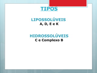 TIPOS LIPOSSOLÚVEIS  A, D, E e K HIDROSSOLÚVEIS C e Complexo B 