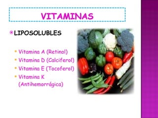 LIPOSOLUBLES Vitamina A (Retinol) Vitamina D (Calciferol) Vitamina E (Tocoferol) Vitamina K (Antihemorrágica) 