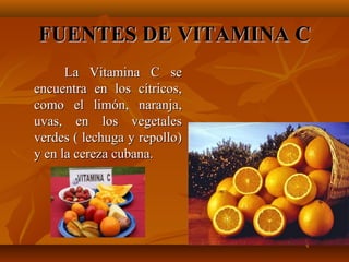 FUENTES DE VITAMINA C
La Vitamina C se
encuentra en los cítricos,
como el limón, naranja,
uvas, en los vegetales
verdes ( lechuga y repollo)
y en la cereza cubana.

 
