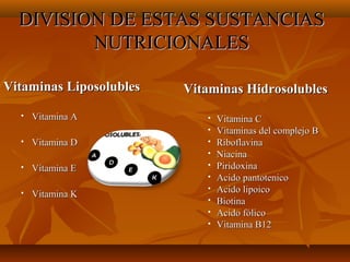 DIVISION DE ESTAS SUSTANCIAS
NUTRICIONALES
Vitaminas Liposolubles


Vitamina A

Vitaminas Hidrosolubles





Vitamina D






Vitamina E






Vitamina K






Vitamina C
Vitaminas del complejo B
Riboflavina
Niacina
Piridoxina
Acido pantotenico
Acido lipoico
Biotina
Acido fólico
Vitamina B12

 