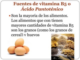 Fuentes de vitamina B5 o Ácido PantoténicoSon la mayoría de los alimentos. Los alimentos que con tienen mayores cantidades de vitamina B5 son los granos (como los granos de cereal) y huevos