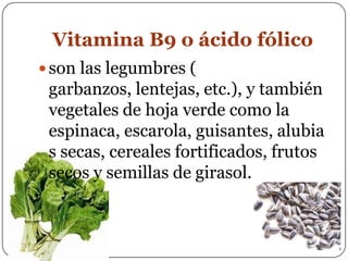 Vitamina B9 o ácido fólicoson las legumbres ( garbanzos, lentejas, etc.), y también vegetales de hoja verde como la espinaca, escarola, guisantes, alubias secas, cereales fortificados, frutos secos y semillas de girasol.