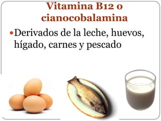 Vitamina B12 o cianocobalaminaDerivados de la leche, huevos, hígado, carnes y pescado