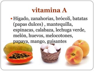 vitamina AHígado, zanahorias, brócoli, batatas (papas dulces) , mantequilla, espinacas, calabaza, lechuga verde, melón, huevos, melocotones, papaya, mango, guisantes