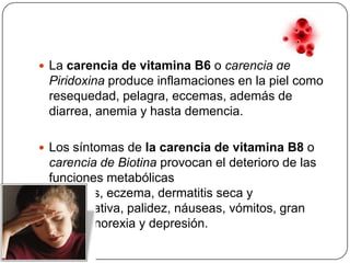 La carencia de vitamina B6 o carencia de Piridoxina produce inflamaciones en la piel como resequedad, pelagra, eccemas, además de diarrea, anemia y hasta demencia.Los síntomas de la carencia de vitamina B8 o carencia de Biotina provocan el deterioro de las funciones metabólicas descritas, eczema, dermatitis seca y descamativa, palidez, náuseas, vómitos, gran fatiga, anorexia y depresión.