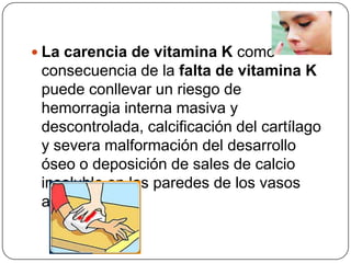 La carencia de vitamina K como consecuencia de la falta de vitamina K puede conllevar un riesgo de hemorragia interna masiva y descontrolada, calcificación del cartílago y severa malformación del desarrollo óseo o deposición de sales de calcio insoluble en las paredes de los vasos arteriales.