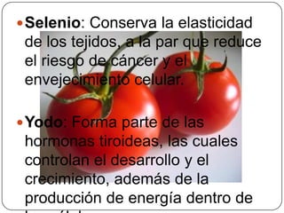 Selenio: Conserva la elasticidad de los tejidos, a la par que reduce el riesgo de cáncer y el envejecimiento celular.Yodo: Forma parte de las hormonas tiroideas, las cuales controlan el desarrollo y el crecimiento, además de la producción de energía dentro de las células.