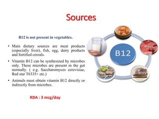Sources 
B12 is not present in vegetables. 
• Main dietary sources are meat products 
(especially liver), fish, egg, dairy products 
and fortified cereals. 
• Vitamin B12 can be synthesized by microbes 
only. These microbes are present in the gut 
normally. ( e.g. Saccharomyces cerevisiae, 
Red star T6335+ etc.) 
• Animals must obtain vitamin B12 directly or 
indirectly from microbes. 
RDA : 3 mcg/day 
 