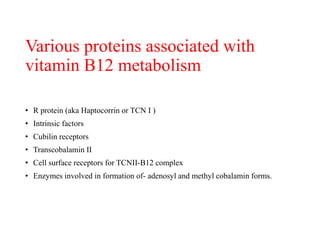 Various proteins associated with 
vitamin B12 metabolism 
• R protein (aka Haptocorrin or TCN I ) 
• Intrinsic factors 
• Cubilin receptors 
• Transcobalamin II 
• Cell surface receptors for TCNII-B12 complex 
• Enzymes involved in formation of- adenosyl and methyl cobalamin forms. 
 
