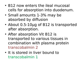 • B12 now enters the ileal mucosal
cells for absorption into duodenum.
• Small amounts 1-3% may be
absorbed by diffusion
• About 0.5-10µg of B12 is transported
after absorption.
• After absorption Vit B12 is
transported to various tissues in
combination with plasma protein
transcobalmin 2
• It is stored in liver bound to
transcobalmin 1
 