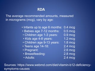 The average recommended amounts, measured
in micrograms (mcg), vary by age:
• Infants up to age 6 months: 0.4 mcg
• Babies age 7-12 months: 0.5 mcg
• Children age 1-3 years: 0.9 mcg
• Kids age 4-8 years: 1.2 mcg
• Children age 9-13 years: 1.8 mcg
• Teens age 14-18: 2.4 mcg
• Pregnant: 2.6 mcg
• Breastfeeding: 2.8 mcg
• Adults: 2.4 mcg
RDA
Sources: https://www.webmd.com/diet/vitamin-b12-deficiency-
symptoms-causes
 