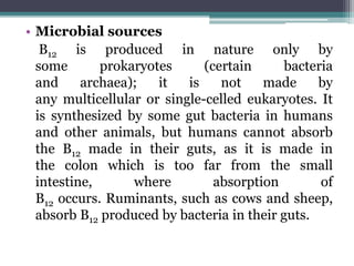 • Microbial sources
B12 is produced in nature only by
some prokaryotes (certain bacteria
and archaea); it is not made by
any multicellular or single-celled eukaryotes. It
is synthesized by some gut bacteria in humans
and other animals, but humans cannot absorb
the B12 made in their guts, as it is made in
the colon which is too far from the small
intestine, where absorption of
B12 occurs. Ruminants, such as cows and sheep,
absorb B12 produced by bacteria in their guts.
 
