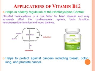 APPLICATIONS OF VITAMIN B12
 Helps in healthy regulation of the Homocysteine Control:
Elevated homocysteine is a risk factor for heart disease and may
adversely affect the cardiovascular system, brain function,
neurotransmitter function and mood balance.
 Helps to protect against cancers including breast, colon,
lung, and prostate cancer.
 