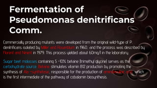 Fermentation of
Pseudomonas denitrificans
Comm.
Commercially producing mutants were developed from the original wild-type of P.
denitrificans isolated by Miller and Rosenblum in 1960, and the process was described by
Florent and Ninent in 1979. This process yielded about 60mg/l in the laboratory.
Sugar beet molasses containing 5 -10% betaine (trimethyl glycine) serves as the
carbohydrate source. Betaine stimulates vitamin B12 production by promoting the
synthesis of Ala -synthetase, responsible for the production of aminolevulinic acid, which
is the first intermediate of the pathway of cobalamin biosynthesis.
 