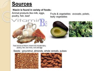 Sources
Niacin is found in variety of foods-
Animal products like milk, eggs,
poultry, fish, beef
Fruits & vegetables: avocado, potato,
leafy vegetables
Seeds : groundnut, almonds, whole cereals, pulses
 