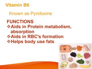 Vitamin B6
Known as Pyridoxine
FUNCTIONS
Aids in Protein metabolism,
absorption
Aids in RBC's formation
Helps body use fats
 