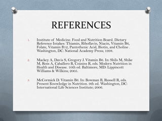REFERENCES
1.

Institute of Medicine. Food and Nutrition Board. Dietary
Reference Intakes: Thiamin, Riboflavin, Niacin, Vitamin B6,
Folate, Vitamin B12, Pantothenic Acid, Biotin, and Choline .
Washington, DC: National Academy Press; 1998.

2.

Mackey A, Davis S, Gregory J. Vitamin B6. In: Shils M, Shike
M, Ross A, Caballero B, Cousins R, eds. Modern Nutrition in
Health and Disease. 10th ed. Baltimore, MD: Lippincott
Williams & Wilkins; 2005.

3.

McCormick D. Vitamin B6. In: Bowman B, Russell R, eds.
Present Knowledge in Nutrition. 9th ed. Washington, DC:
International Life Sciences Institute; 2006.

 