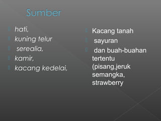  hati,
 kuning telur
 serealia,
 kamir,
 kacang kedelai,
 Kacang tanah
 sayuran
 dan buah-buahan
tertentu
(pisang,jeruk
semangka,
strawberry
 