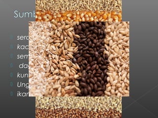  seralia tumbuk/setengah giling
 kacang-kacangan
 semua daging organ
 daging tanpa lemak
 kuning telur
 Unggas
 ikan
 