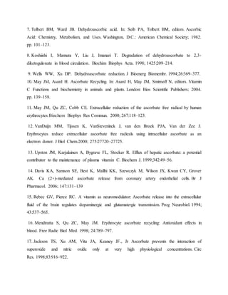 7. Tolbert BM, Ward JB. Dehydroascorbic acid. In: Seib PA, Tolbert BM, editors. Ascorbic
Acid: Chemistry, Metabolism, and Uses. Washington, D.C.: American Chemical Society; 1982.
pp. 101–123.
8. Koshiishi I, Mamura Y, Liu J, Imanari T. Degradation of dehydroascorbate to 2,3-
diketogulonate in blood circulation. Biochim Biophys Acta. 1998; 1425:209–214.
9. Wells WW, Xu DP. Dehydroascorbate reduction. J Bioenerg Biomembr. 1994;26:369–377.
10. May JM, Asard H. Ascorbate Recycling. In: Asard H, May JM, Smirnoff N, editors. Vitamin
C Functions and biochemistry in animals and plants. London: Bios Scientific Publishers; 2004.
pp. 139–158.
11. May JM, Qu ZC, Cobb CE. Extracellular reduction of the ascorbate free radical by human
erythrocytes.Biochem Biophys Res Commun. 2000; 267:118–123.
12. VanDuijn MM, Tijssen K, VanSteveninck J, van den Broek PJA, Van der Zee J.
Erythrocytes reduce extracellular ascorbate free radicals using intracellular ascorbate as an
electron donor. J Biol Chem.2000; 275:27720–27725.
13. Upston JM, Karjalainen A, Bygrave FL, Stocker R. Efflux of hepatic ascorbate: a potential
contributor to the maintenance of plasma vitamin C. Biochem J. 1999;342:49–56.
14. Davis KA, Samson SE, Best K, Mallhi KK, Szewczyk M, Wilson JX, Kwan CY, Grover
AK. Ca (2+)-mediated ascorbate release from coronary artery endothelial cells. Br J
Pharmacol. 2006; 147:131–139
15. Rebec GV, Pierce RC. A vitamin as neuromodulator: Ascorbate release into the extracellular
fluid of the brain regulates dopaminergic and glutamatergic transmission. Prog Neurobiol. 1994;
43:537–565.
16. Mendiratta S, Qu ZC, May JM. Erythrocyte ascorbate recycling: Antioxidant effects in
blood. Free Radic Biol Med. 1998; 24:789–797.
17. Jackson TS, Xu AM, Vita JA, Keaney JF., Jr Ascorbate prevents the interaction of
superoxide and nitric oxide only at very high physiological concentrations. Circ
Res. 1998;83:916–922.
 