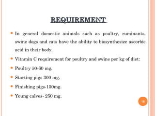 REQUIREMENTREQUIREMENT
 In general domestic animals such as poultry, ruminants,
swine dogs and cats have the ability to biosynthesize ascorbic
acid in their body.
 Vitamin C requirement for poultry and swine per kg of diet:
 Poultry 50-60 mg.
 Starting pigs 300 mg.
 Finishing pigs-150mg.
 Young calves- 250 mg.
18
 