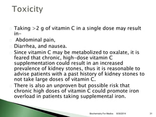 Taking >2 g of vitamin C in a single dose may result 
in- 
Abdominal pain, 
Diarrhea, and nausea. 
Since vitamin C may be ...