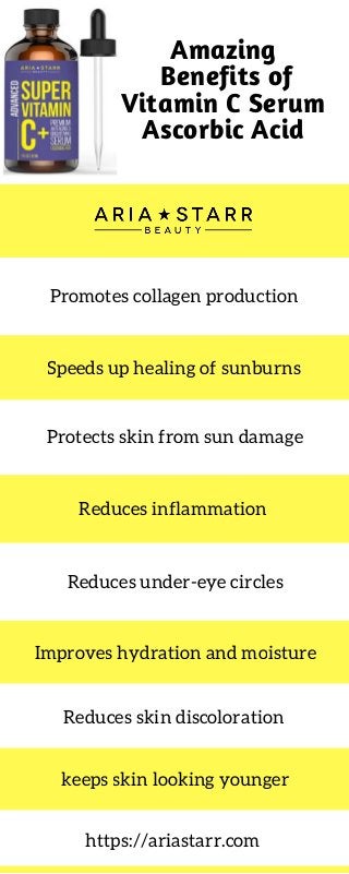 Amazing
 Benefits of
Vitamin C Serum
Ascorbic Acid
Promotes collagen production
Protects skin from sun damage
Reduces inflammation
Speeds up healing of sunburns
Reduces under-eye circles
Reduces skin discoloration
https://ariastarr.com
keeps skin looking younger
Improves hydration and moisture
 