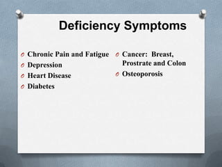 Deficiency Symptoms

O Chronic Pain and Fatigue   O Cancer: Breast,
O Depression                   Prostrate and Colon
O Heart Disease              O Osteoporosis
O Diabetes
 