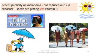 Recent publicity on melanoma - has reduced our sun
exposure – so we are getting less vitamin D
08-07-2016
Department of Pharmacology
MIMER Medical College Talegaon Dhabade
14
 