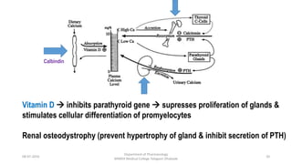 08-07-2016
Department of Pharmacology
MIMER Medical College Talegaon Dhabade
20
Vitamin D  inhibits parathyroid gene  supresses proliferation of glands &
stimulates cellular differentiation of promyelocytes
Renal osteodystrophy (prevent hypertrophy of gland & inhibit secretion of PTH)
Calbindin
 