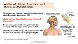 08-07-2016
Department of Pharmacology
MIMER Medical College Talegaon Dhabade
37
A link between lack of exposure to sunlight, consequent lack of
vitamin D production & development of MS
Whether low levels of vitamin D affect number of relapses &
disease course?
There is some evidence that lower levels of vitamin D are
associated with higher relapse rates & greater disability
One study also found that people with progressive forms of MS
had lower levels than those with relapsing remitting MS
Whether lack of vitamin D contributes to risk
of developing Multiple Sclerosis?
http://www.mstrust.org.uk/news/article.jsp?id=5503
 