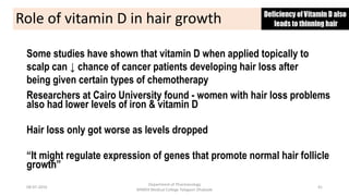 Role of vitamin D in hair growth
Researchers at Cairo University found - women with hair loss problems
also had lower levels of iron & vitamin D
Hair loss only got worse as levels dropped
“It might regulate expression of genes that promote normal hair follicle
growth”
08-07-2016
Department of Pharmacology
MIMER Medical College Talegaon Dhabade
41
Some studies have shown that vitamin D when applied topically to
scalp can ↓ chance of cancer patients developing hair loss after
being given certain types of chemotherapy
 