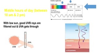 UVA
UVB
Middle hours of day (between
10 am & 2 pm)
With low sun, good UVB rays are
filtered out & UVA gets through
 