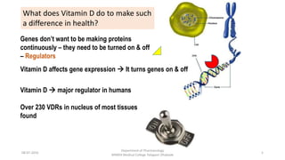 Genes don’t want to be making proteins
continuously – they need to be turned on & off
– Regulators
Vitamin D  major regulator in humans
Over 230 VDRs in nucleus of most tissues
found
Vitamin D affects gene expression  It turns genes on & off
What does Vitamin D do to make such
a difference in health?
08-07-2016
Department of Pharmacology
MIMER Medical College Talegaon Dhabade
5
 
