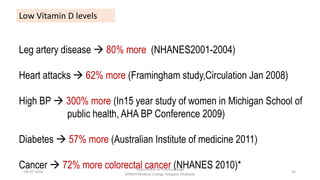 Leg artery disease  80% more (NHANES2001-2004)
Heart attacks  62% more (Framingham study,Circulation Jan 2008)
High BP  300% more (In15 year study of women in Michigan School of
public health, AHA BP Conference 2009)
Diabetes  57% more (Australian Institute of medicine 2011)
Cancer  72% more colorectal cancer (NHANES 2010)*
Low Vitamin D levels
08-07-2016
Department of Pharmacology
MIMER Medical College Talegaon Dhabade
56
 