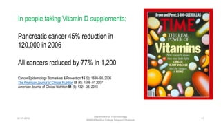 In people taking Vitamin D supplements:
Pancreatic cancer 45% reduction in
120,000 in 2006
All cancers reduced by 77% in 1,200
Cancer Epidemiology Biomarkers & Prevention 15 (9): 1688–95. 2006
The American Journal of Clinical Nutrition 85 (6): 1586–91 2007
American Journal of Clinical Nutrition 91 (5): 1324–35. 2010
08-07-2016
Department of Pharmacology
MIMER Medical College Talegaon Dhabade
57
 