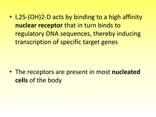 • I,25-(OH)2-D acts by binding to a high affinity
nuclear receptor that in turn binds to
regulatory DNA sequences, thereby inducing
transcription of specific target genes
• The receptors are present in most nucleated
cells of the body
 