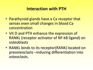 Interaction with PTH
• Parathyroid glands have a Ca receptor that
senses even small changes in blood Ca
concentration
• Vit D and PTH enhance the expression of
RANKL (receptor activator of NF-kB ligand) on
osteoblasts
• RANKL binds to its receptor(RANK) located on
preosteoclasts –inducing differentiation into
osteoclasts.
 