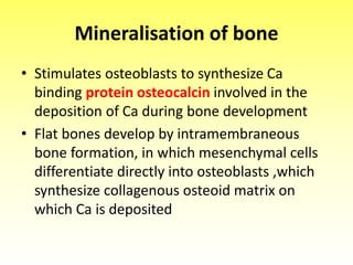 Mineralisation of bone
• Stimulates osteoblasts to synthesize Ca
binding protein osteocalcin involved in the
deposition of Ca during bone development
• Flat bones develop by intramembraneous
bone formation, in which mesenchymal cells
differentiate directly into osteoblasts ,which
synthesize collagenous osteoid matrix on
which Ca is deposited
 