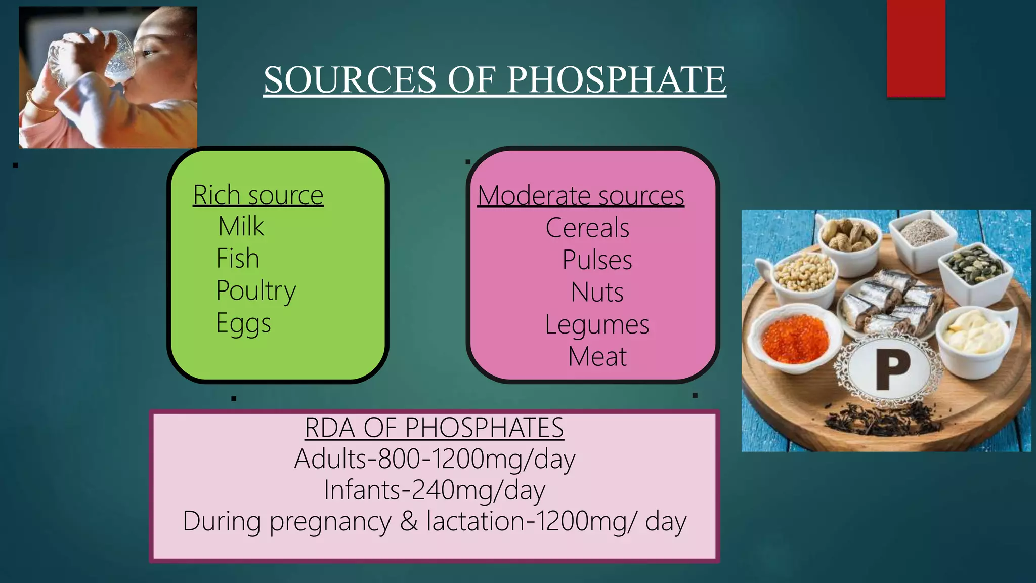 Rich source
Milk
Fish
Poultry
Eggs
Moderate sources
Cereals
Pulses
Nuts
Legumes
Meat
RDA OF PHOSPHATES
Adults-800-1200mg/day
Infants-240mg/day
During pregnancy & lactation-1200mg/ day
SOURCES OF PHOSPHATE
 