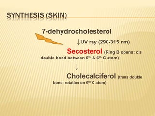 SYNTHESIS (SKIN)
7-dehydrocholesterol
↓UV ray (290-315 nm)
Secosterol (Ring B opens; cis
double bond between 5th & 6th C atom)
↓
Cholecalciferol (trans double
bond; rotation on 6th C atom)
 