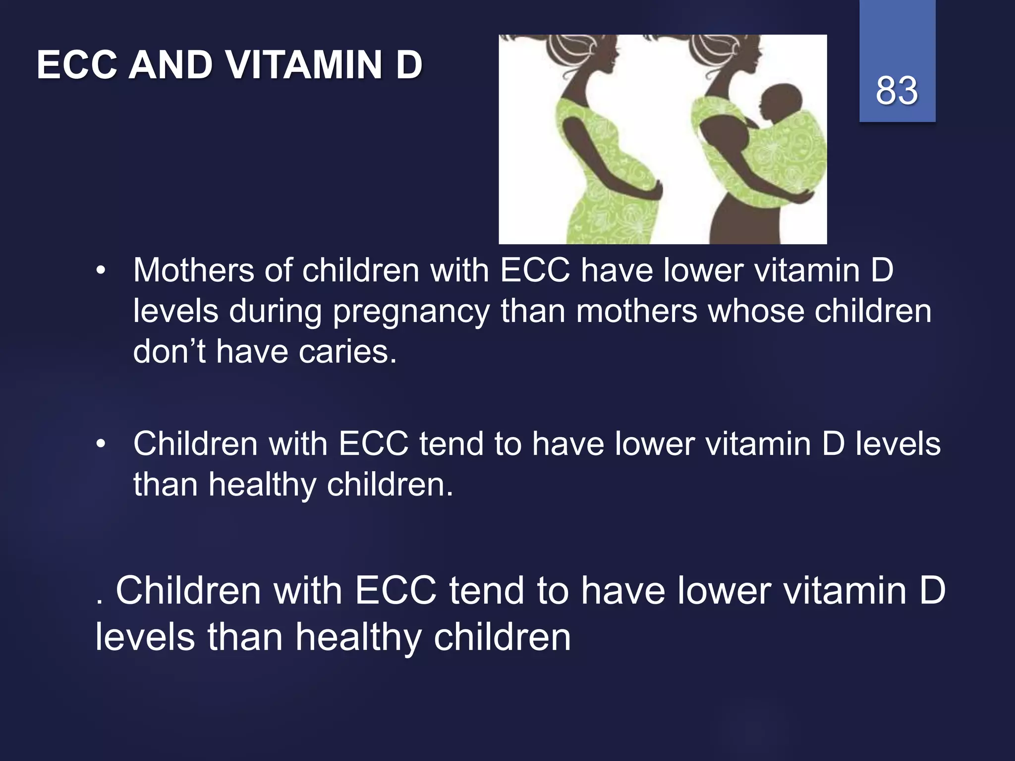 83
• Mothers of children with ECC have lower vitamin D
levels during pregnancy than mothers whose children
don’t have caries.
• Children with ECC tend to have lower vitamin D levels
than healthy children.
. Children with ECC tend to have lower vitamin D
levels than healthy children
ECC AND VITAMIN D
 