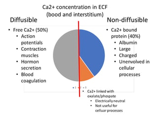 Diffusible Non-diffusible
Ca2+ concentration in ECF
(bood and interstitium)
• Free Ca2+ (50%)
• Action
potentials
• Contraction
muscles
• Hormon
secretion
• Blood
coagulation
• Ca2+ linked with
oxalate/phospate
• Electricallyneutral
• Not useful for
celluarprocesses
• Ca2+ bound
protein (40%)
• Albumin
• Large
• Charged
• Unenvolved in
cellular
processes
 