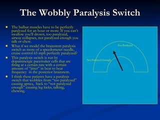 The Wobbly Paralysis Switch The bulbar muscles have to be perfectly paralyzed for an hour or more: If you can’t swallow you’ll drown, too paralyzed, airway collapses, not paralyzed enough you talk or chew.  What if we model the brainstem paralysis switch as more of a speedometer needle, cruise control 65 mph perfectly paralyzed? This paralysis switch is run by dopaminergic pacemaker cells that are firing at a certain rate with a certain amount of “jitter” in beat to beat frequency  in the posterior brainstem. I think these patients have a paralysis switch that wobbles from “too paralyzed” causing apnea,  back to “not paralyzed enough” causing leg kicks, talking, chewing. Not Paralyzed Enough Too Paralyzed Not Paralyzed Enough 