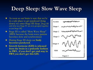 Deep Sleep: Slow Wave Sleep As soon as our brain is sure that we’re in a safe place to get paralyzed (lying down) we enter Stage III sleep. ( Stage III and what was Stage IV are now grouped together as just Stage III )  Stage III is called “Slow Wave Sleep” (SWS) because the brain wave pattern becomes slow and synchronized.  During Stage III sleep our  body becomes paralyzed. Growth hormone (GH) is released from the brain in a pulsatile fashion in SWS , if you don’t get and stay in SWS you don’t get this GH. 